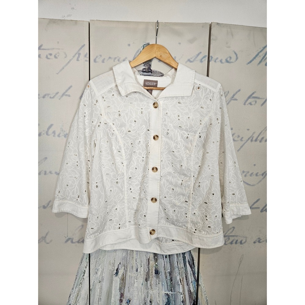 Chico's Eyelet Jacket 2 L White Floral Lace Button Up 3/4 Sleeve Coastal Grandma